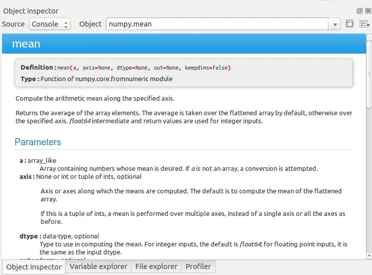 Spyder IDE Object inspector