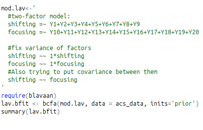 Doing bayesian confirmatory factor analysis using blaavan package in R