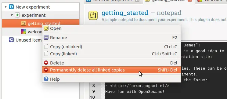 How to delete items in OpenSesame