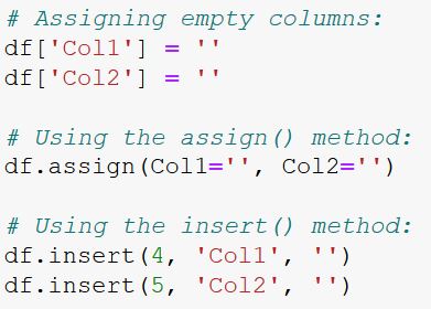 Three methods to add empty columns to dataframe pandas