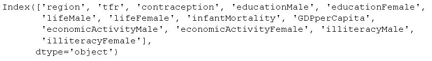 the result when printing the df.columns