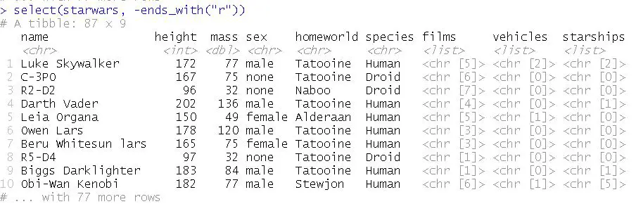 dataframe without columns ending with the letter "r"