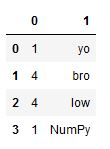 The resulting pandas dataframe that was converted from numpy array