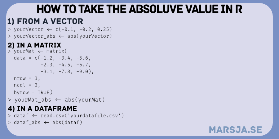 how to take absolute value from a vector, matrix, and dataframe in R