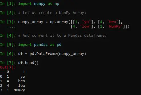 numpy array to pandas dataframe