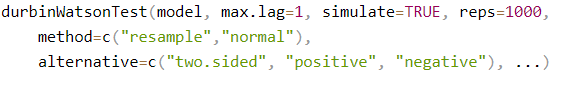 we can also use the durbinWatsonTest function to carry out an autocorrelation test in R