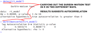 here's how to carry out the Durbin-Watson test in R with two packages.