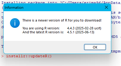 simple updating of R with installr