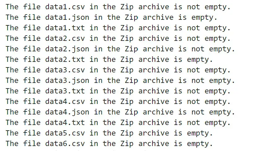 Results from using Python to check whether files in a Zip files are empty.