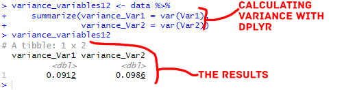 calculate variance in R for two variables with dplyr