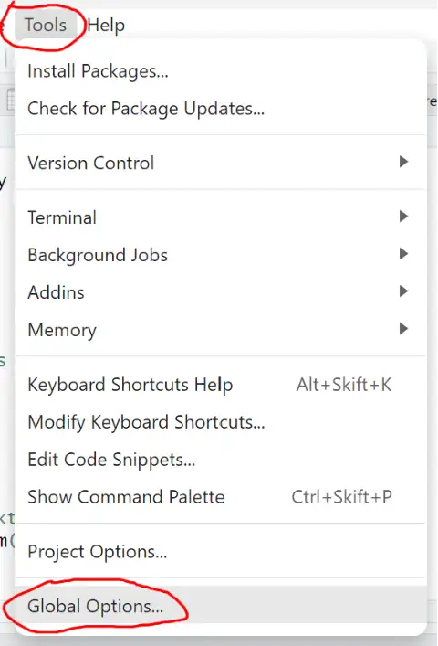 first step to changing R version in RStudio is to open the Global Options