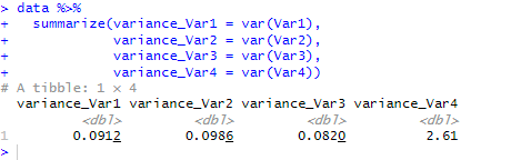 r find variance four variables