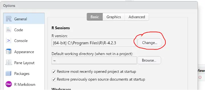 the second step to changing version of R in RStudio is to click "Change..."